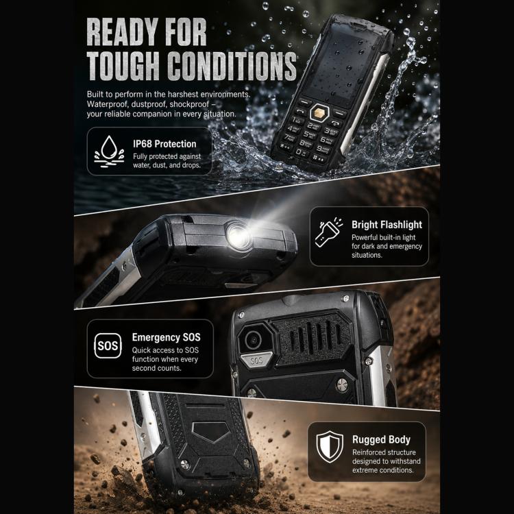 HP288 IP68 Rugged Phone, 2.8 inch, 4000mAh Battery, Network: 2G, BT, FM, SOS, Torch, Russian Keyboard, Plug:US Plug - Black