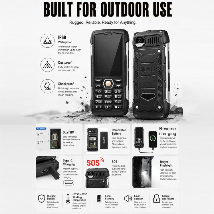 HP288 IP68 Rugged Phone, 2.8 inch, 4000mAh Battery, Network: 2G, BT, FM, SOS, Torch, Russian Keyboard, Plug:AU Plug - Black