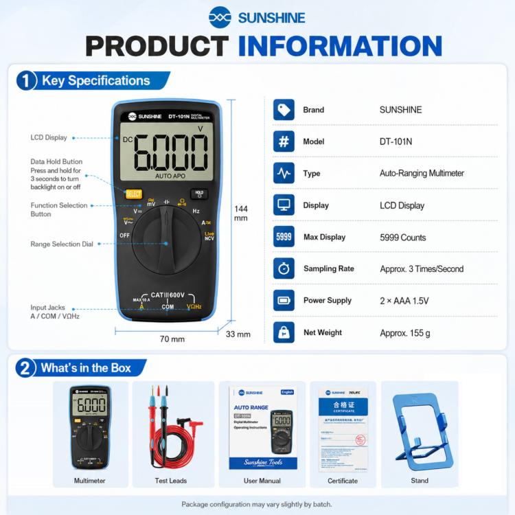 SUNSHINE DT-101N Pocket-Style Auto-Range Smart Precision Multimeter