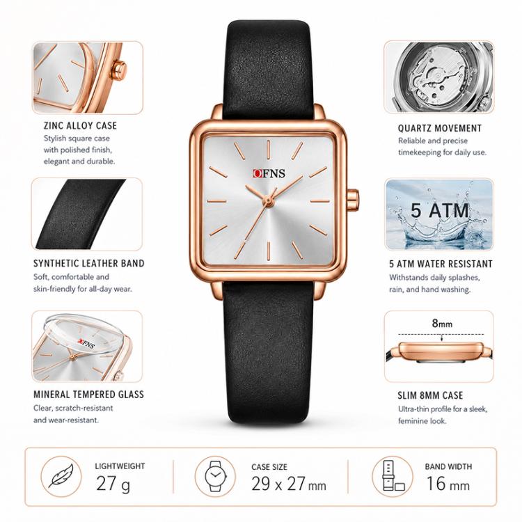 SANDA 1316 Ladies 3ATM Waterproof Alloy Case Quartz Watch, Strap:Leather-Black