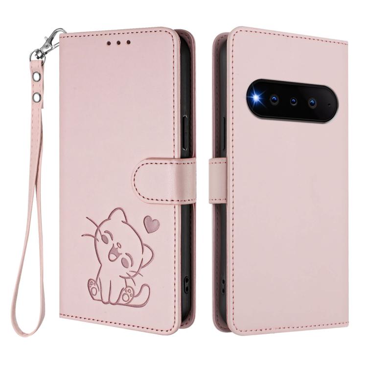 For Natural AI Phone 5G Embossed Heart Cat Leather Phone Case with Hand Strap