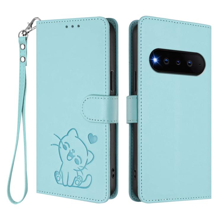 For Natural AI Phone 5G Embossed Heart Cat Leather Phone Case with Hand Strap