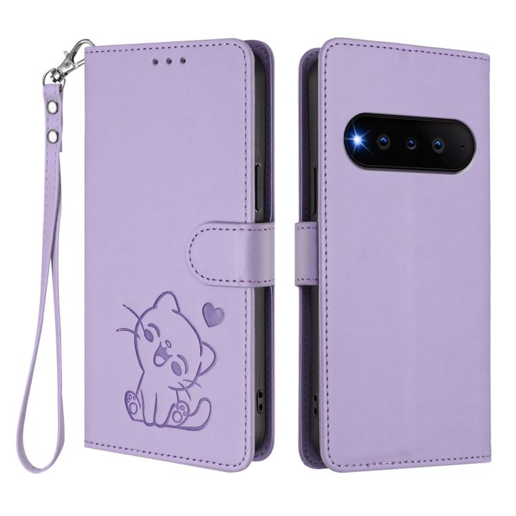 For Natural AI Phone 5G Embossed Heart Cat Leather Phone Case with Hand Strap