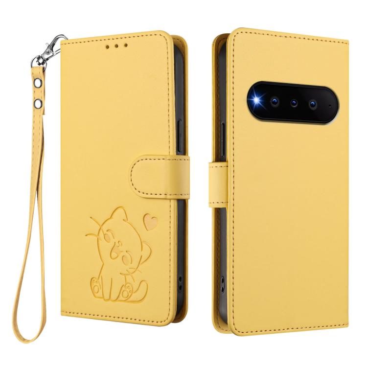 For Natural AI Phone 5G Embossed Heart Cat Leather Phone Case with Hand Strap