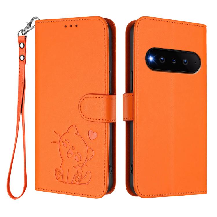 For Natural AI Phone 5G Embossed Heart Cat Leather Phone Case with Hand Strap
