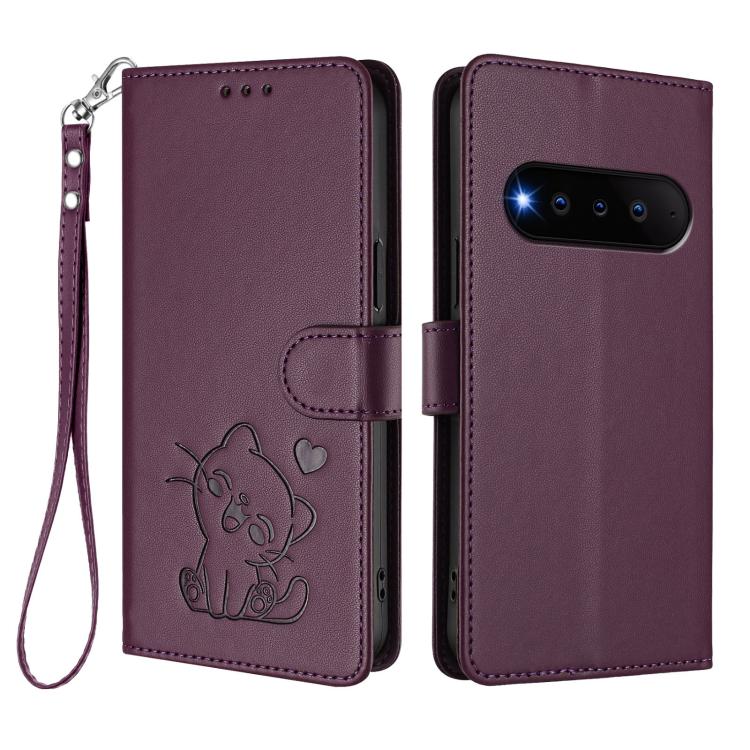 For Natural AI Phone 5G Embossed Heart Cat Leather Phone Case with Hand Strap