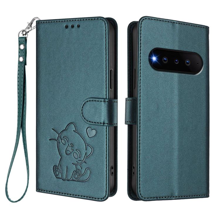 For Natural AI Phone 5G Embossed Heart Cat Leather Phone Case with Hand Strap