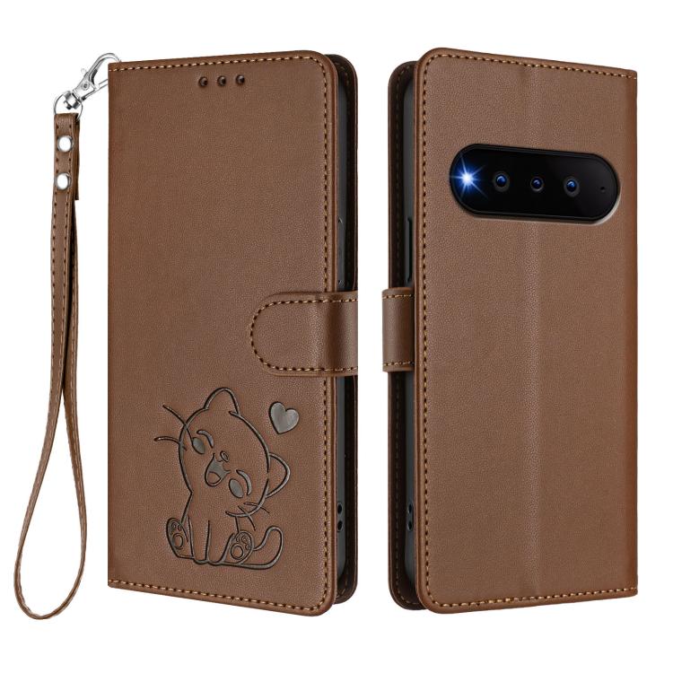 For Natural AI Phone 5G Embossed Heart Cat Leather Phone Case with Hand Strap