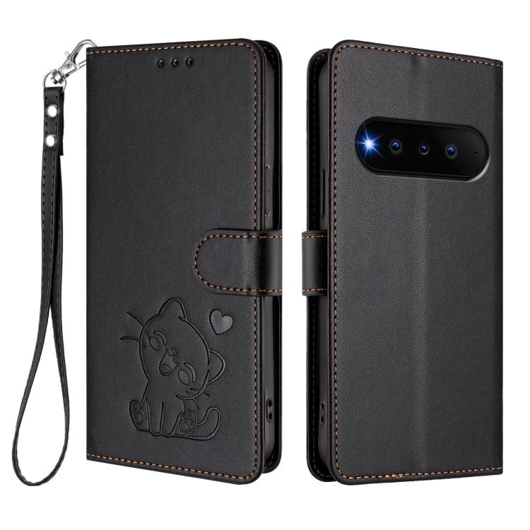 For Natural AI Phone 5G Embossed Heart Cat Leather Phone Case with Hand Strap