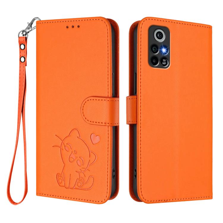 For Orbic Trophy 5G Verizon Embossed Heart Cat Leather Phone Case with Hand Strap