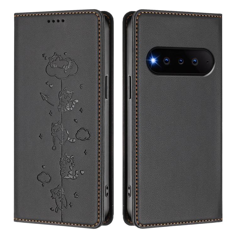 For Natural AI Phone 5G Cute Cats Embossed Magnetic RFID Vegan Leather Phone Case