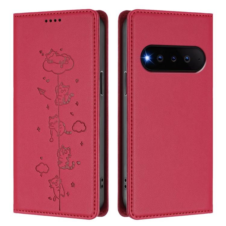 For Natural AI Phone 5G Cute Cats Embossed Magnetic RFID Vegan Leather Phone Case