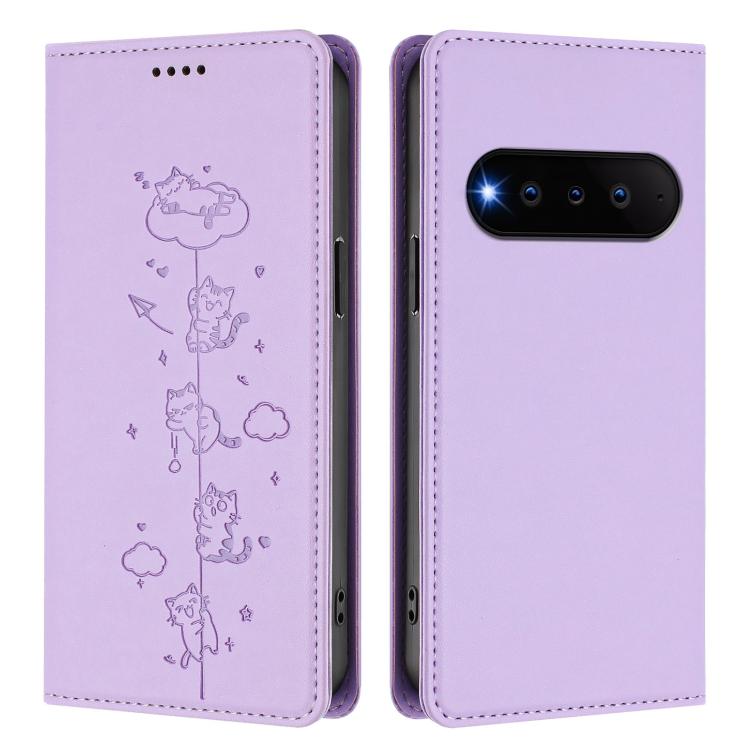 For Natural AI Phone 5G Cute Cats Embossed Magnetic RFID Vegan Leather Phone Case