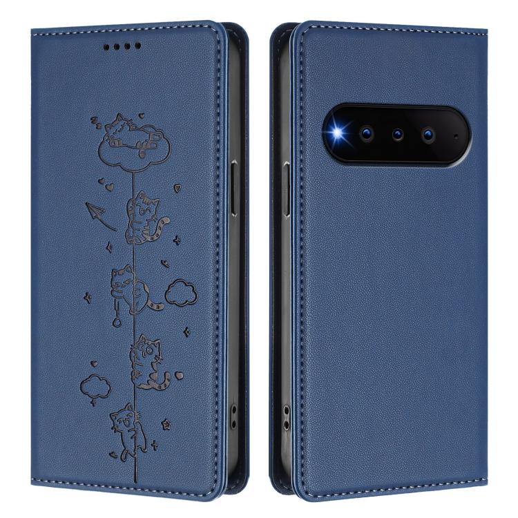 For Natural AI Phone 5G Cute Cats Embossed Magnetic RFID Vegan Leather Phone Case