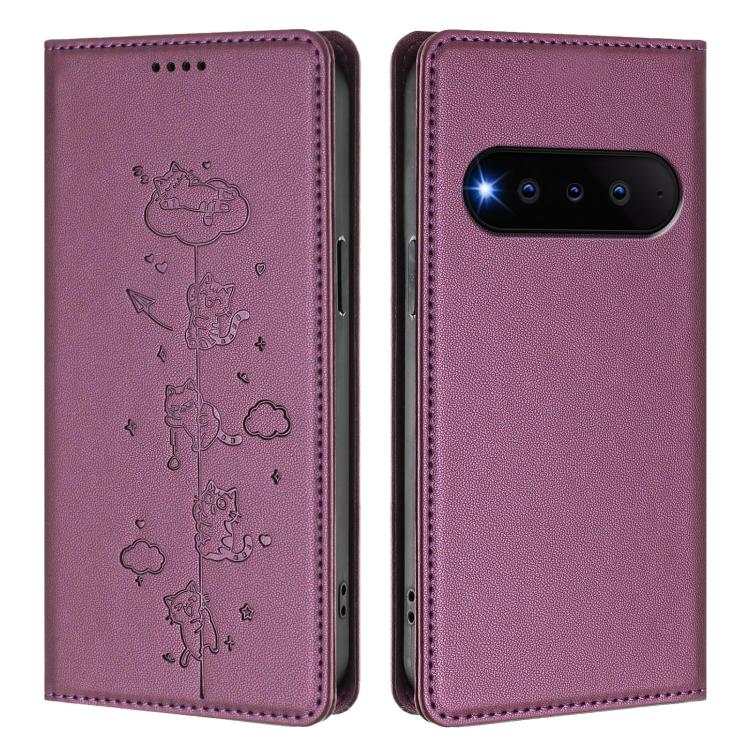 For Natural AI Phone 5G Cute Cats Embossed Magnetic RFID Vegan Leather Phone Case