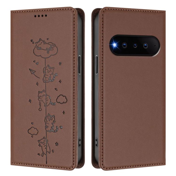 For Natural AI Phone 5G Cute Cats Embossed Magnetic RFID Vegan Leather Phone Case