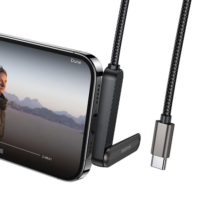 Borofone BX125 Type-C to 8 Pin Phone Holder 30W Elbow Fast Charging Data Cable, Length: 1m - Black