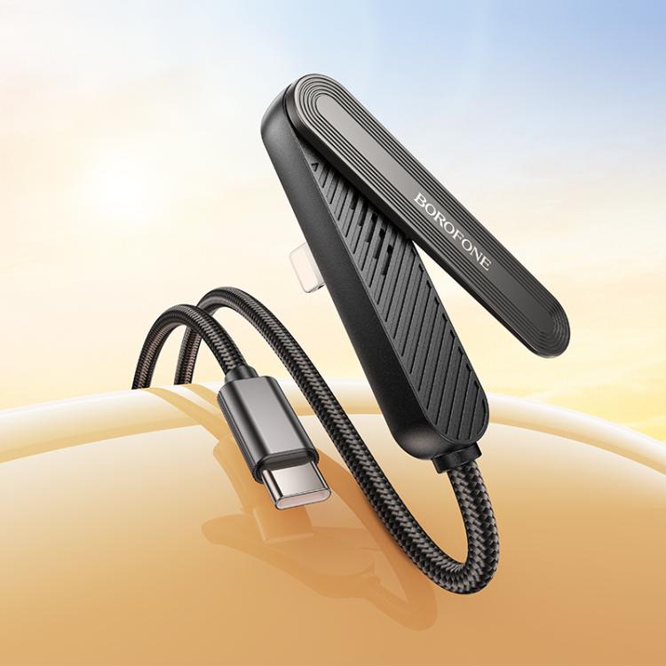 Borofone BX125 Type-C to 8 Pin Phone Holder 30W Elbow Fast Charging Data Cable, Length: 1m - Black