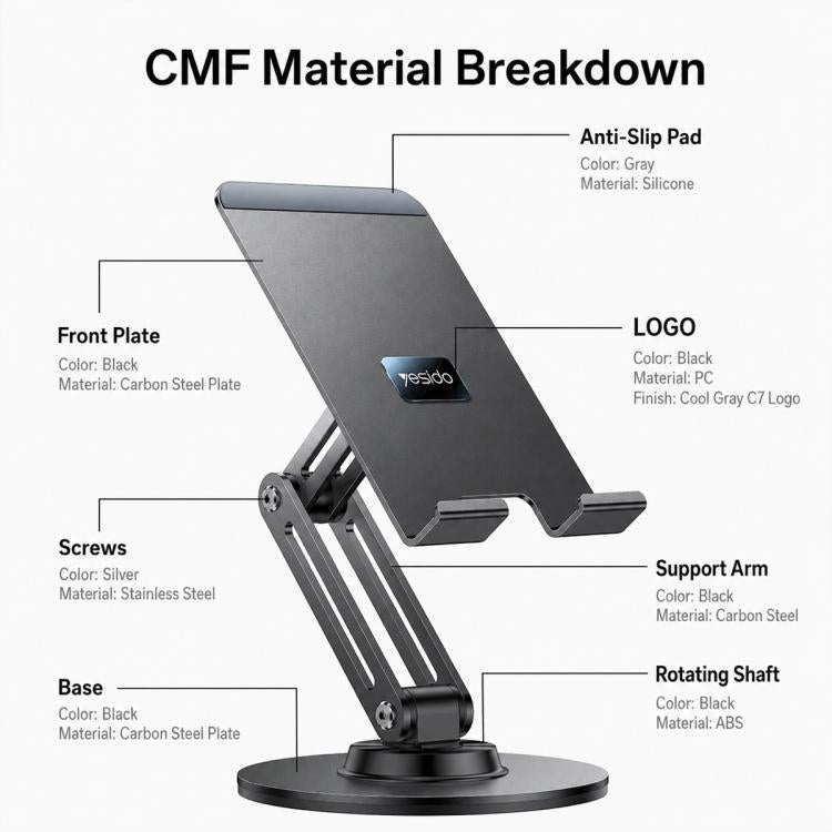 Yesido C302 360 Degree Rotation 3-Axis Foldable Desktop Tablet Phone Holder - Black