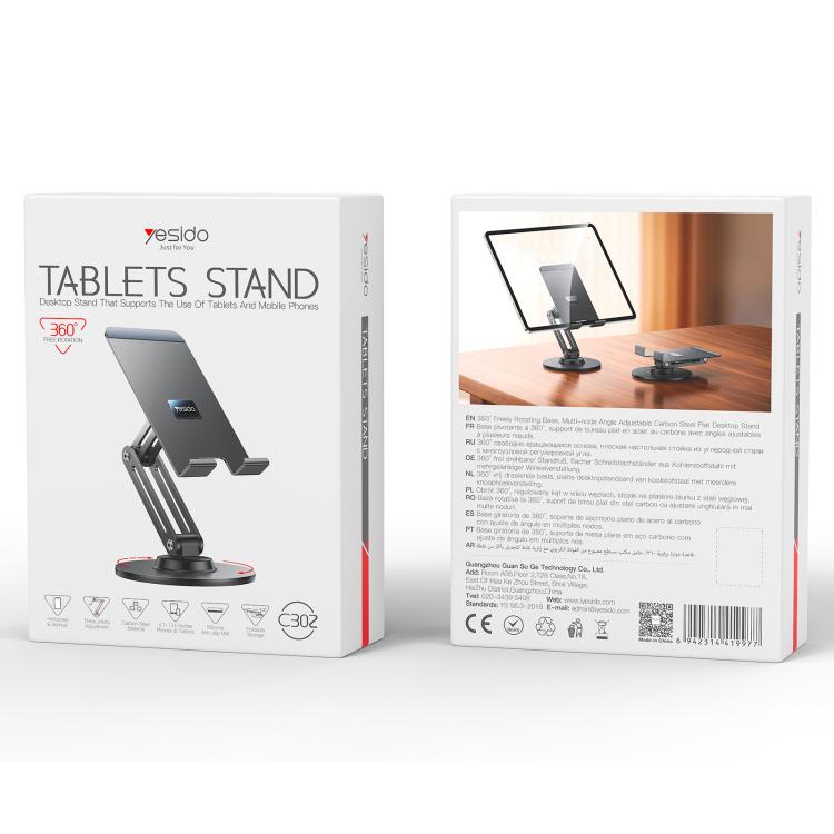 Yesido C302 360 Degree Rotation 3-Axis Foldable Desktop Tablet Phone Holder - Black