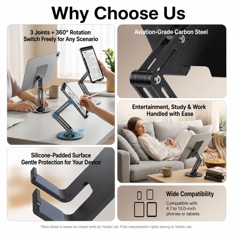 Yesido C302 360 Degree Rotation 3-Axis Foldable Desktop Tablet Phone Holder - Black