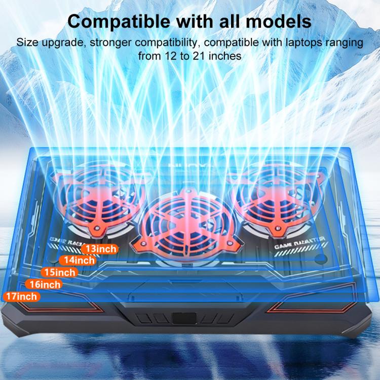 NUOXI C500 Triple Fan Transparent Colorful Panel Laptop Cooler with Four-Speed Fan Adjustment - Black