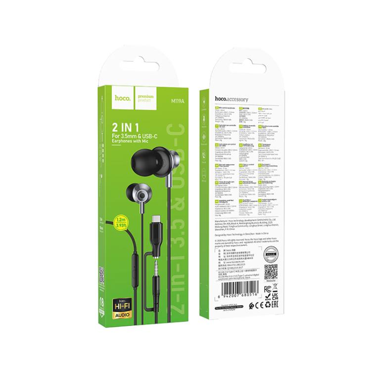 hoco M119A Mia 2-in-1 3.5mm & Type-C Universal Digital Earphones with Microphone - Black