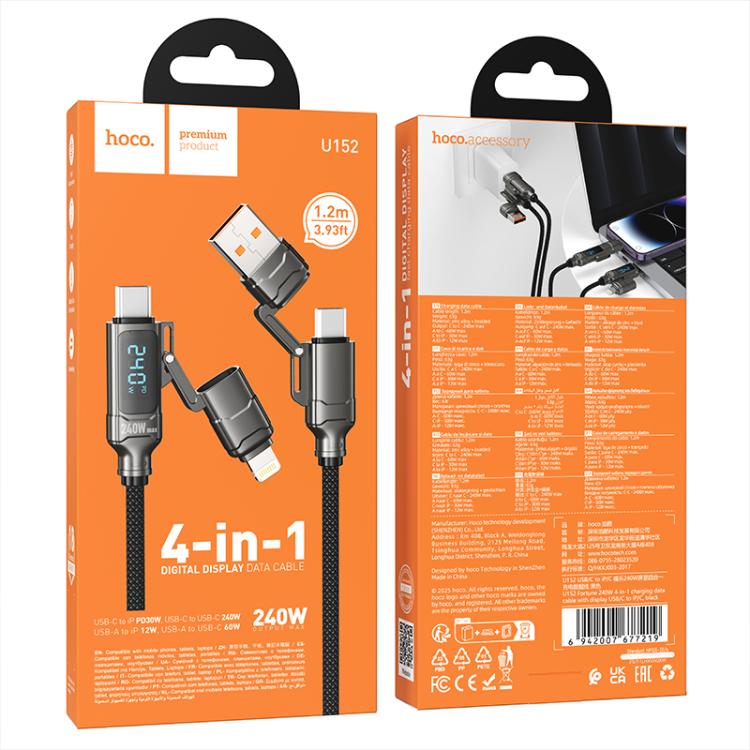 hoco U152 1.2m Fortune 240W USB / Type-C to Type-C / 8 Pin 4-in-1 Charging Data Cable with Display
