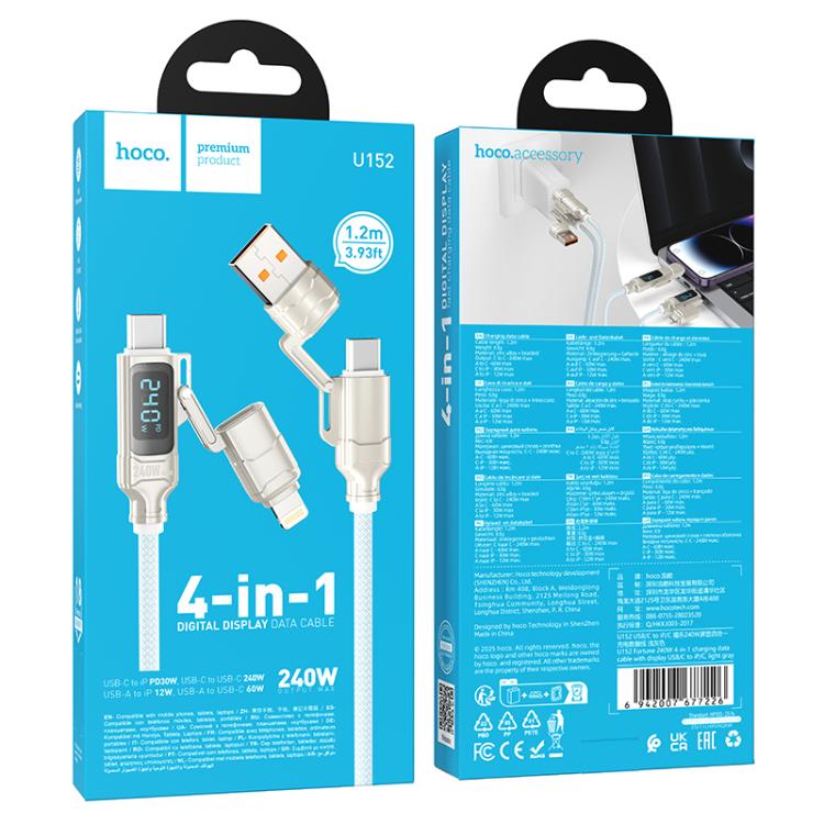 hoco U152 1.2m Fortune 240W USB / Type-C to Type-C / 8 Pin 4-in-1 Charging Data Cable with Display
