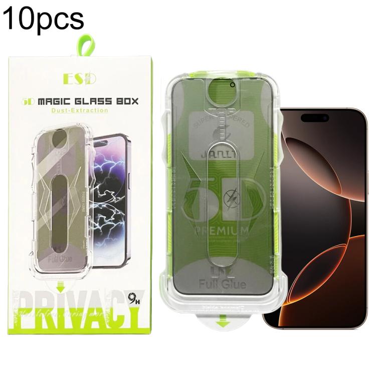 For iPhone 16 Pro Max 10pcs 5D Curved Easy Install Dust-proof Box Privacy Tempered Glass Film