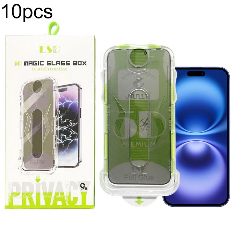 For iPhone 16 Plus / 15 Plus 10pcs 5D Curved Easy Install Dust-proof Box Privacy Tempered Glass Film