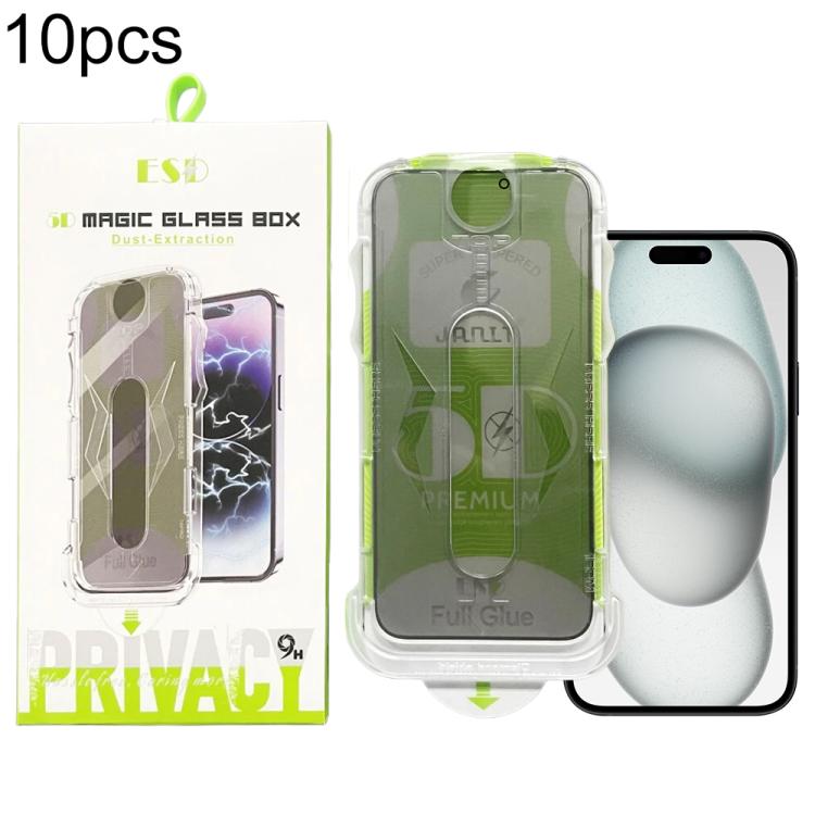 For iPhone 16 / 15 10pcs 5D Curved Easy Install Dust-proof Box Privacy Tempered Glass Film