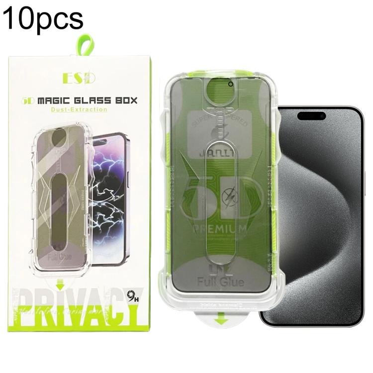 For iPhone 15 Pro Max 10pcs 5D Curved Easy Install Dust-proof Box Privacy Tempered Glass Film
