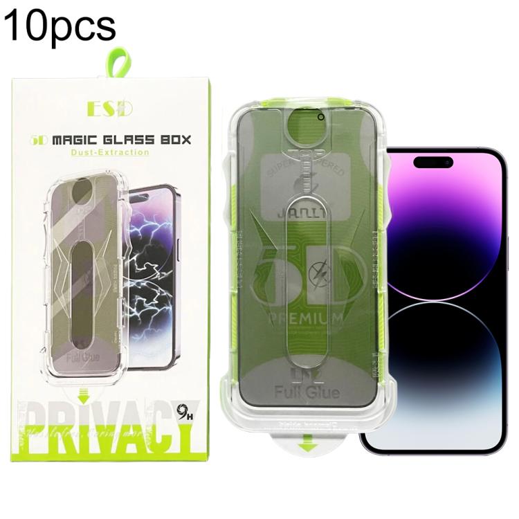 For iPhone 14 Pro Max 10pcs 5D Curved Easy Install Dust-proof Box Privacy Tempered Glass Film
