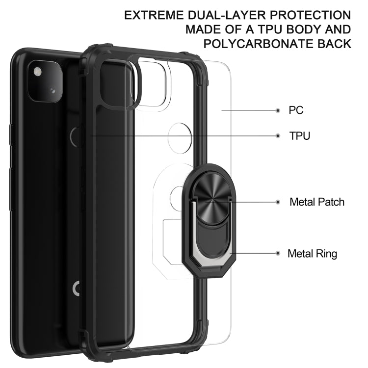 For Google Pixel 4a Shockproof Transparent TPU + Acrylic Protective Case with Ring Holder