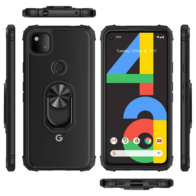 For Google Pixel 4a Shockproof Transparent TPU + Acrylic Protective Case with Ring Holder