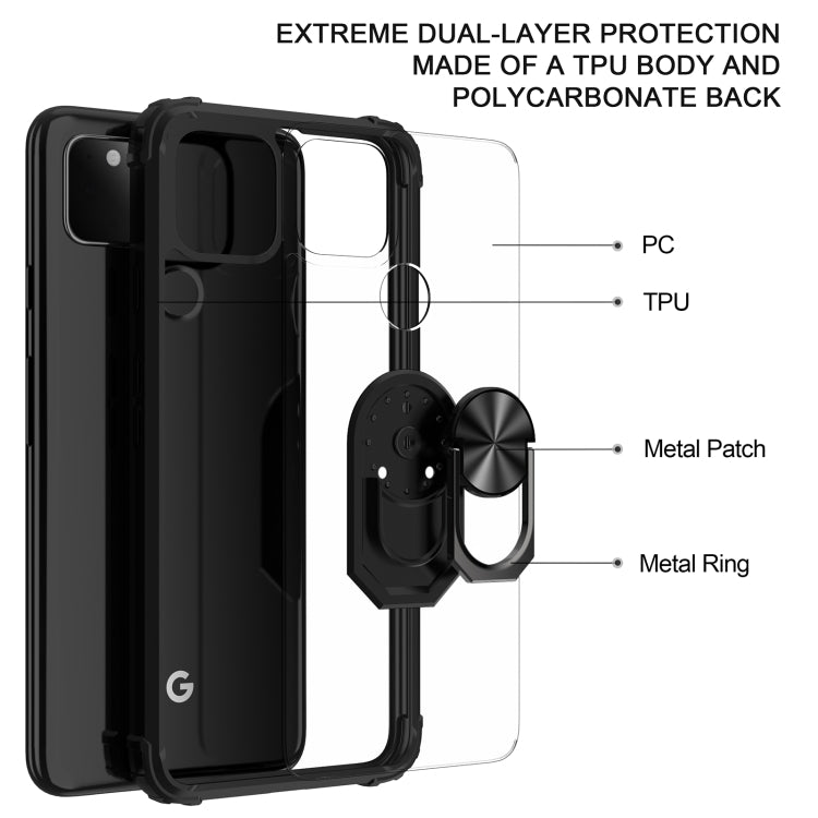 For Google Pixel 5 XL Shockproof Transparent TPU + Acrylic Protective Case with Ring Holder