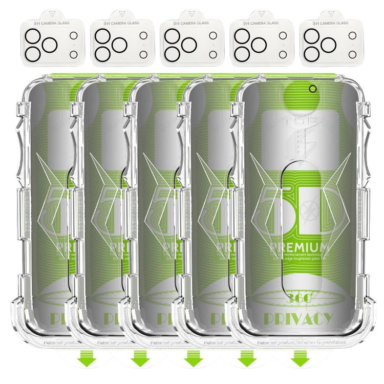For iPhone 17 Pro Max 5pcs 5D Curved Easy Install Dust-proof Box 360 Privacy Tempered Glass Film with Lens Film
