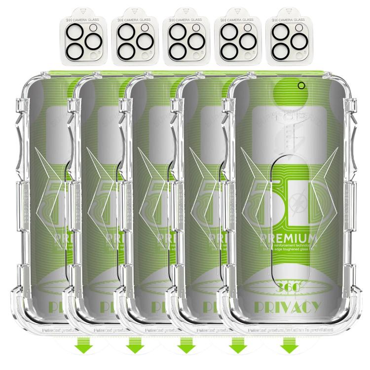 For iPhone 14 Pro 5pcs 5D Curved Easy Install Dust-proof Box 360 Privacy Tempered Glass Film with Lens Film