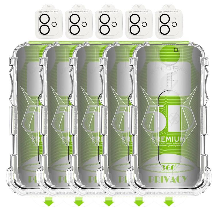 For iPhone 12 5pcs 5D Curved Easy Install Dust-proof Box 360 Privacy Tempered Glass Film with Lens Film
