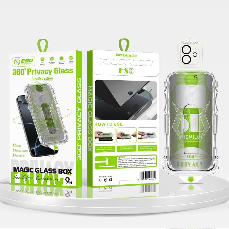 For iPhone 12 5pcs 5D Curved Easy Install Dust-proof Box 360 Privacy Tempered Glass Film with Lens Film