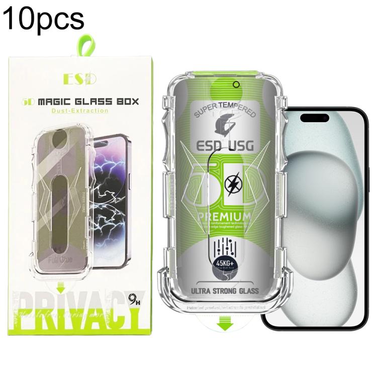 For iPhone 16 / 15 10pcs 5D Curved Easy Install Dust-proof Box Privacy Edge-to-Edge Tempered Glass Film