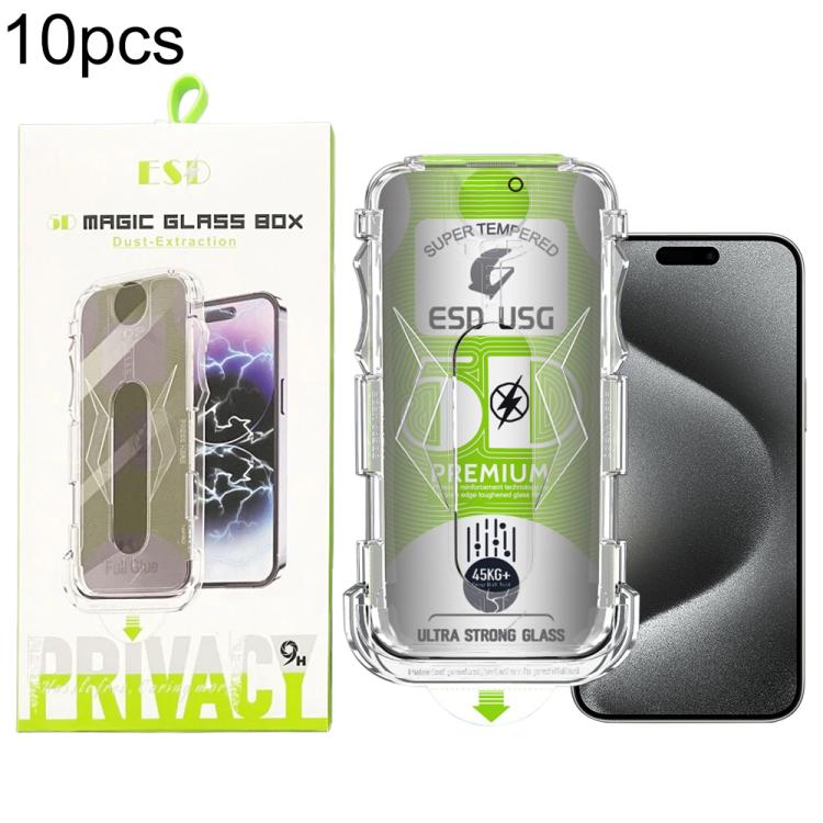 For iPhone 15 Pro Max 10pcs 5D Curved Easy Install Dust-proof Box Privacy Edge-to-Edge Tempered Glass Film