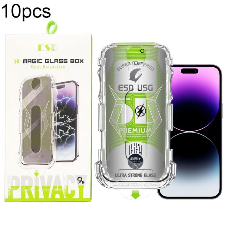 For iPhone 14 Pro Max 10pcs 5D Curved Easy Install Dust-proof Box Privacy Edge-to-Edge Tempered Glass Film