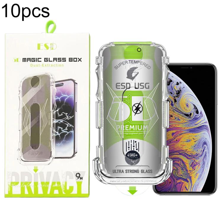 For iPhone XS Max 10pcs 5D Curved Easy Install Dust-proof Box Privacy Edge-to-Edge Tempered Glass Film