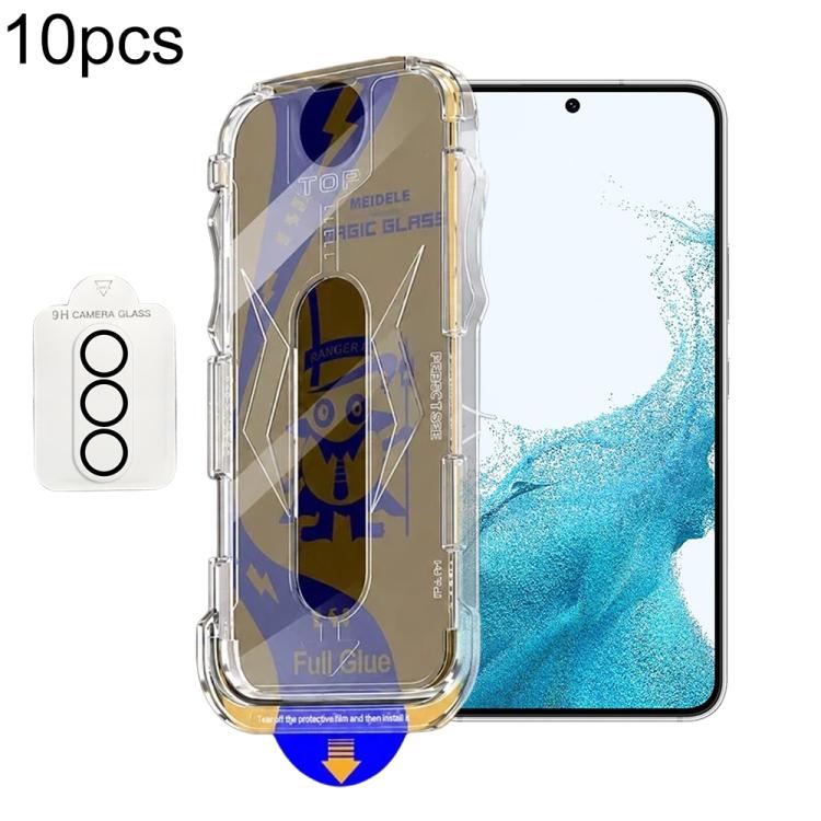 For Galaxy S22 5G 10pcs MEIDELE Easy Install Dust-proof Box Privacy Tempered Glass Film with Lens Film, Support Ultrasonic Unlock