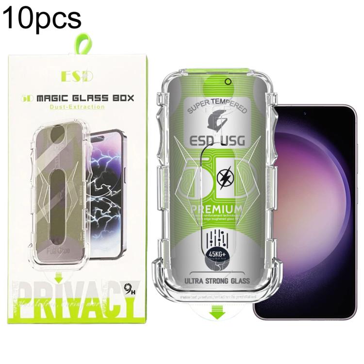 For Galaxy S23 5G 10pcs 5D Curved Easy Install Dust-proof Box Privacy Edge-to-Edge Tempered Glass Film, Support Ultrasonic Unlock