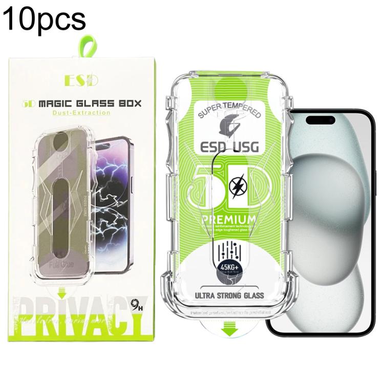 For iPhone 16 / 15 10pcs 5D Curved Easy Install Dust-proof Box Edge-to-Edge HD Tempered Glass Film