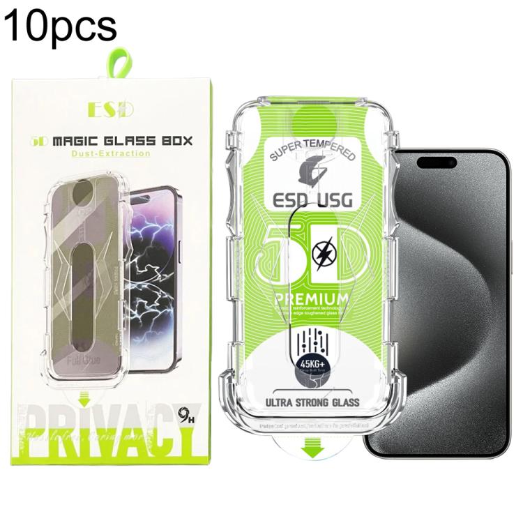 For iPhone 15 Pro Max 10pcs 5D Curved Easy Install Dust-proof Box Edge-to-Edge HD Tempered Glass Film