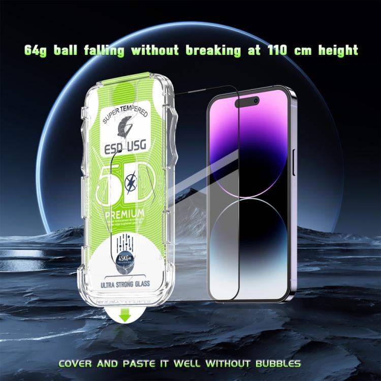 For iPhone 14 Pro 10pcs 5D Curved Easy Install Dust-proof Box Edge-to-Edge HD Tempered Glass Film